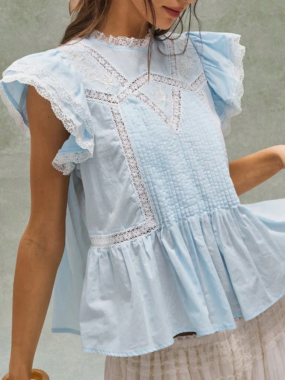 Blue Cottagecore Boho Women's Embroidered Ruffled Patchwork Blouse